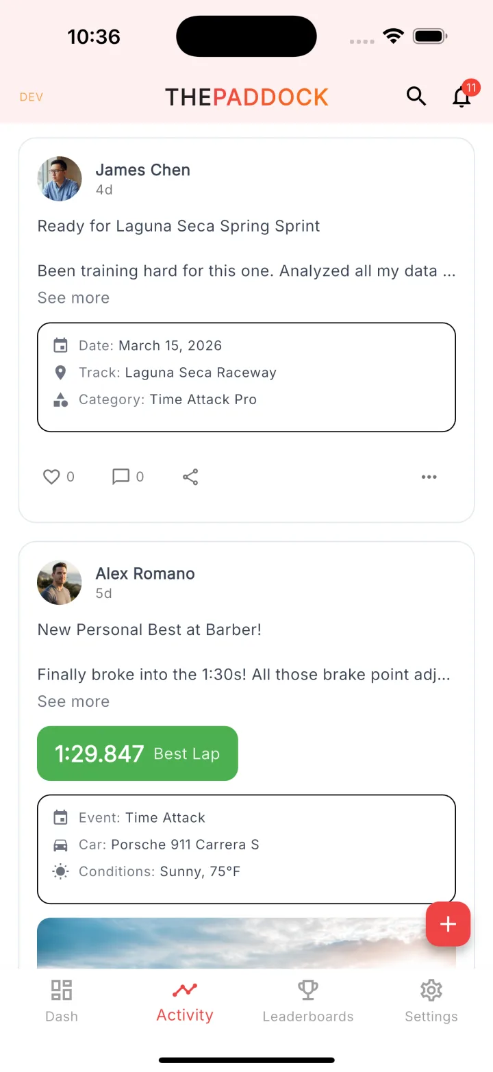 Activity feed with posts and personal best lap times from fellow racers