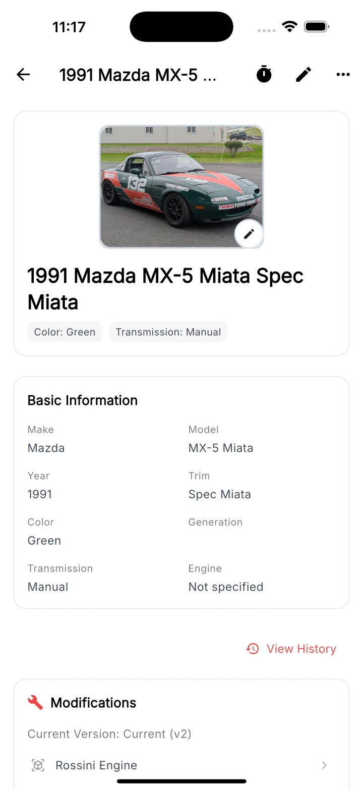 Car detail page showing specs and modification history for a Mazda MX-5 Spec Miata