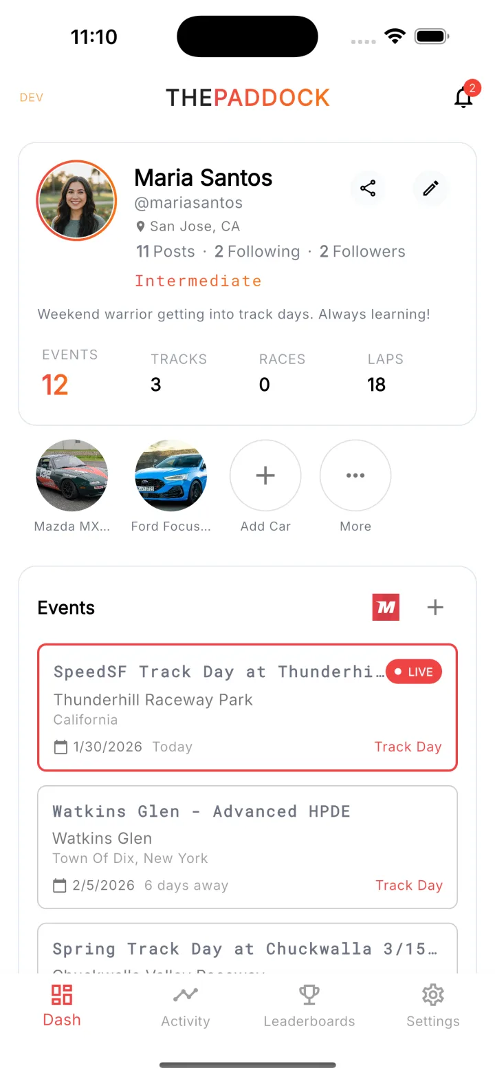 ThePaddock dashboard showing your racing profile, stats, garage, and upcoming events