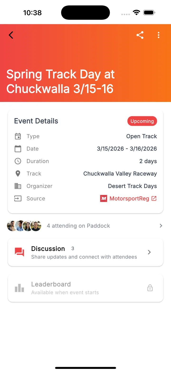 Track day event detail with attendees, discussion, and MotorsportReg sync